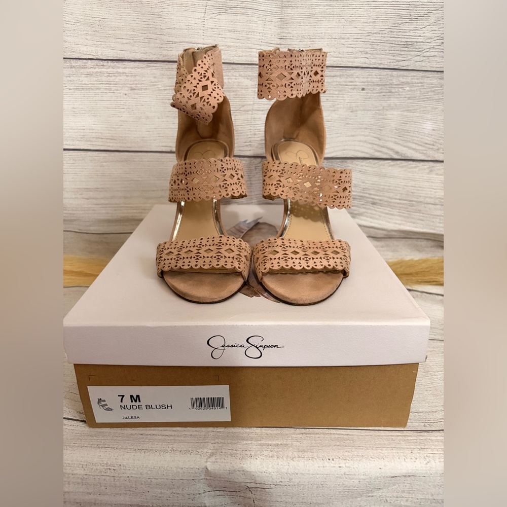 Jessica Simpson Nude Blush Laser-Cut Strappy Heels